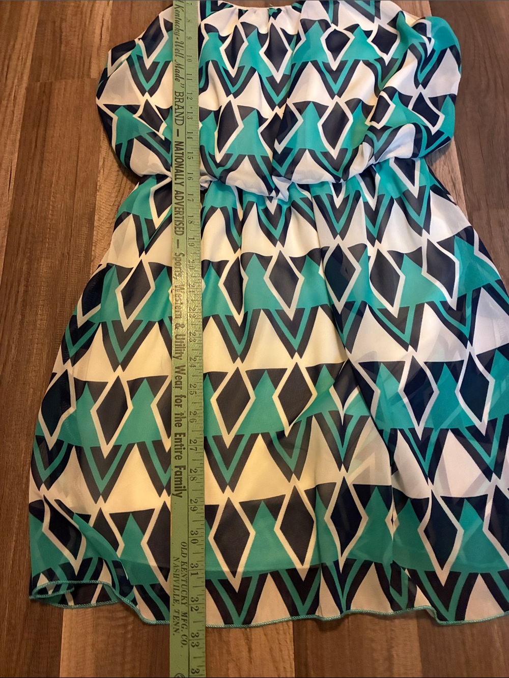 Vintage -Final Touch- Chiffon Mini Dress W/Navy & Aqua Geo Pattern- Made In USA - Picture 8 of 11